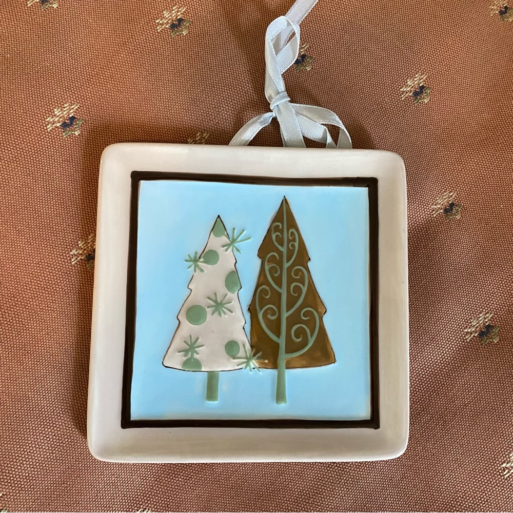 MWW Market Hangable Mini Plate Blue, Green And Brown Pine Trees Winter Decor